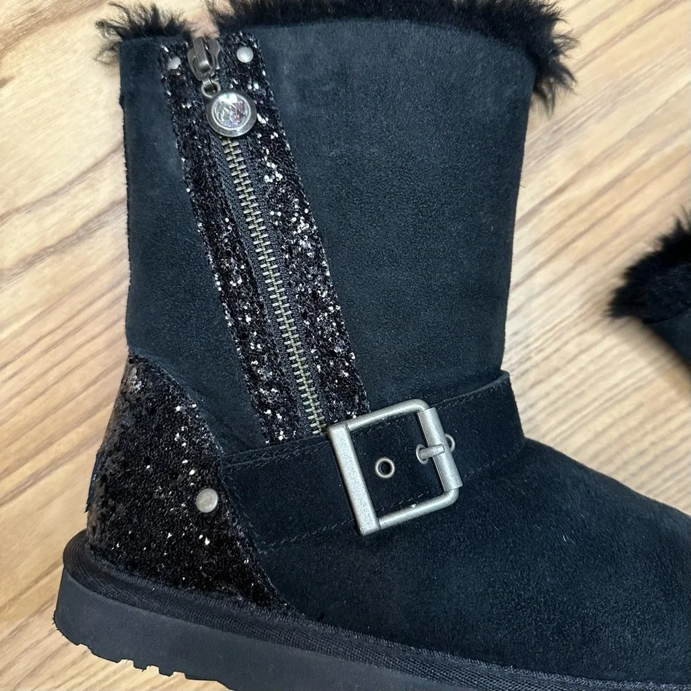 UGG Blaise Glitter Moto Sheepskin Black Suede Winter Boots Zipper Buckle Detail